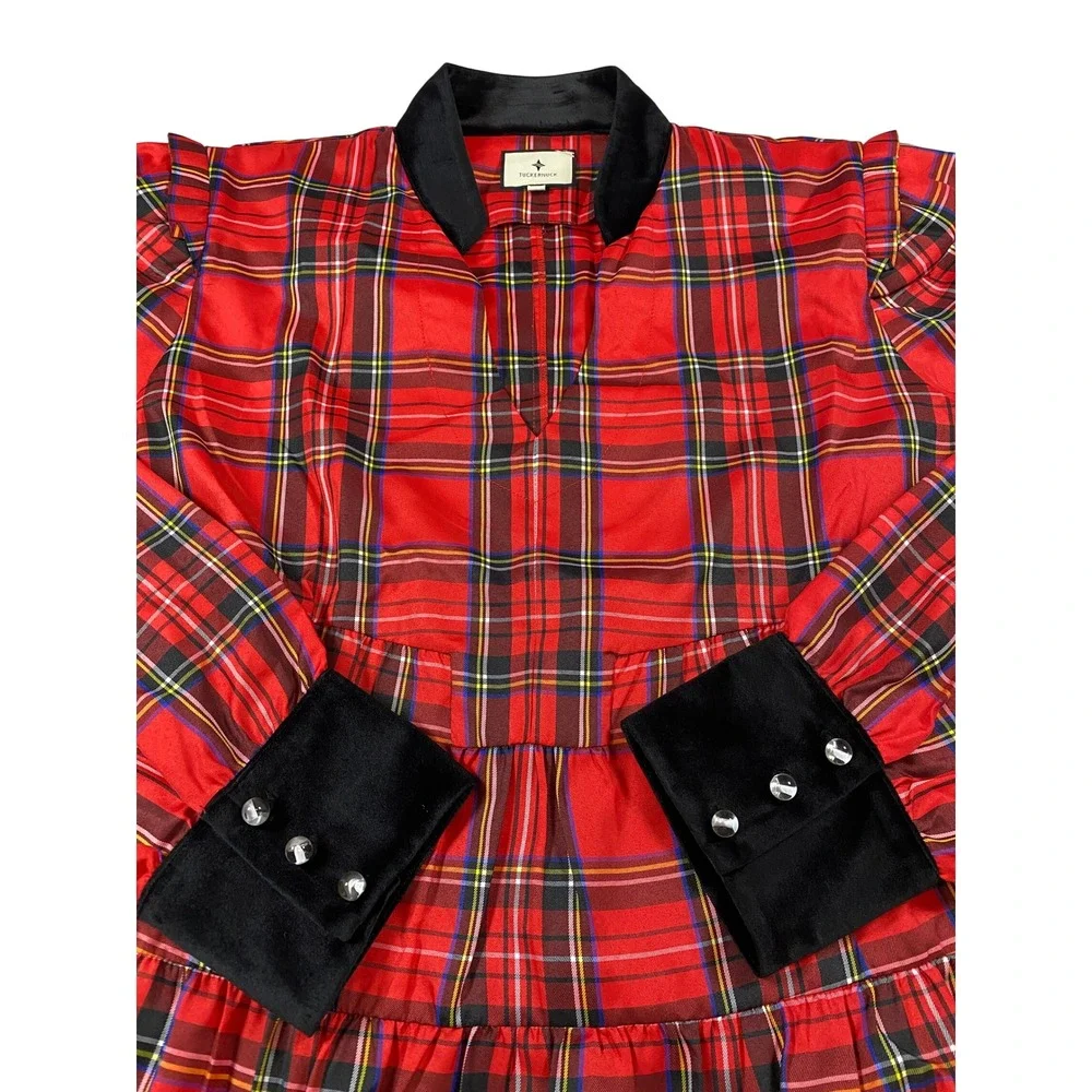 Tuckernuck Red Royal Stewart Tartan Plaid Velvet Trim Peplum Top XXXL Holiday